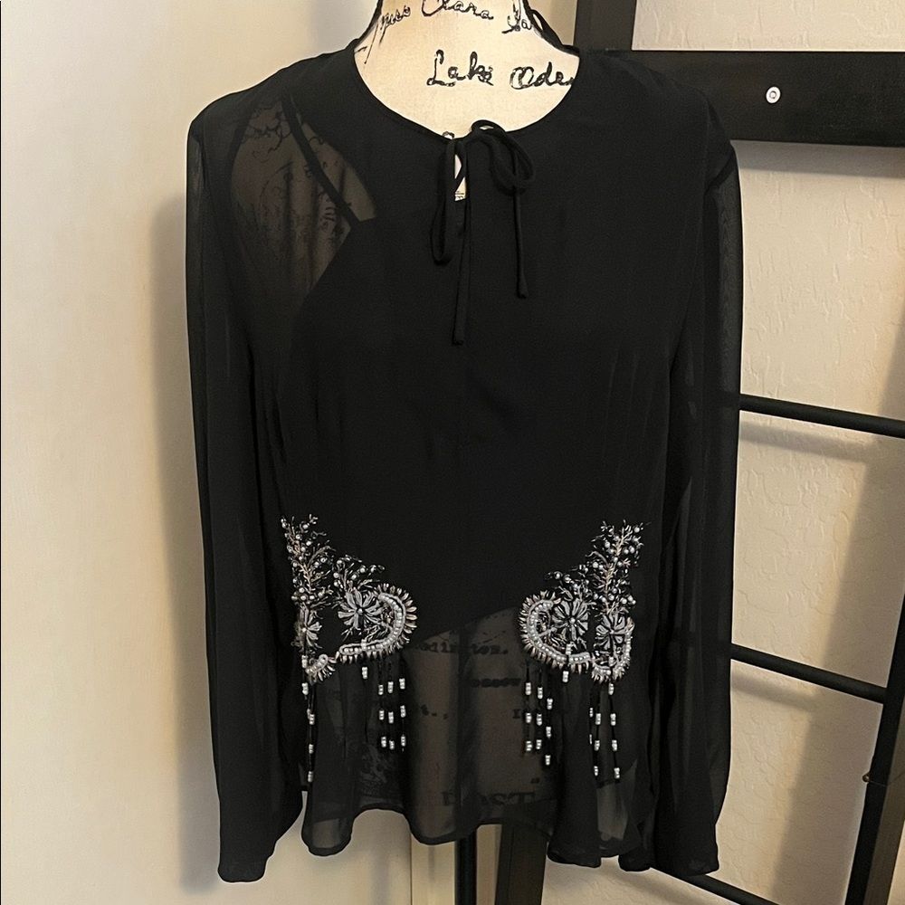 Y2K VTG The Jeanius Look Randolph Duke Sheer Embroidered Beaded Detailing Top
